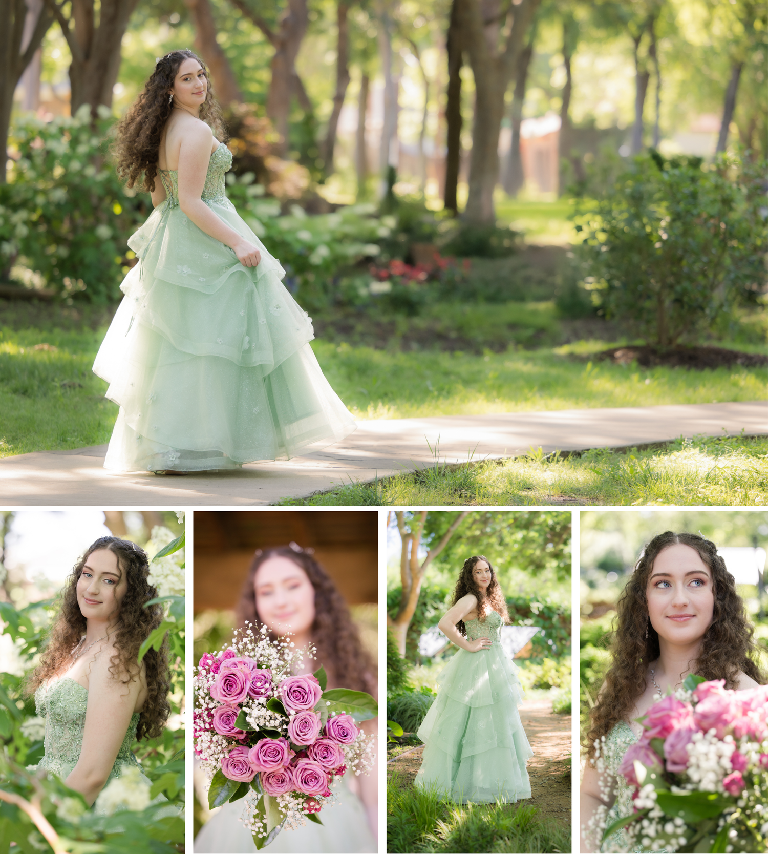 Dreamy outdoor photo session in a mint green ballgown surrounded by trees and pink floral bouquets in a garden setting.