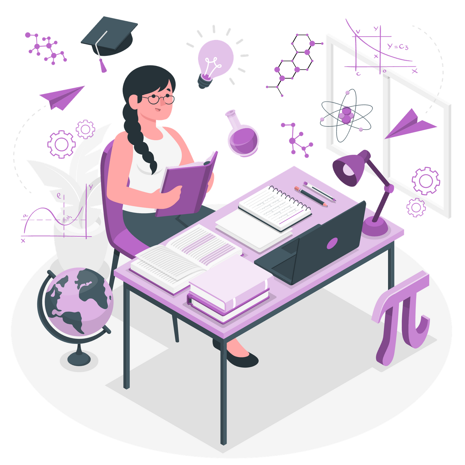 Isometric illustration of a student studying at a desk surrounded by science and math education icons.