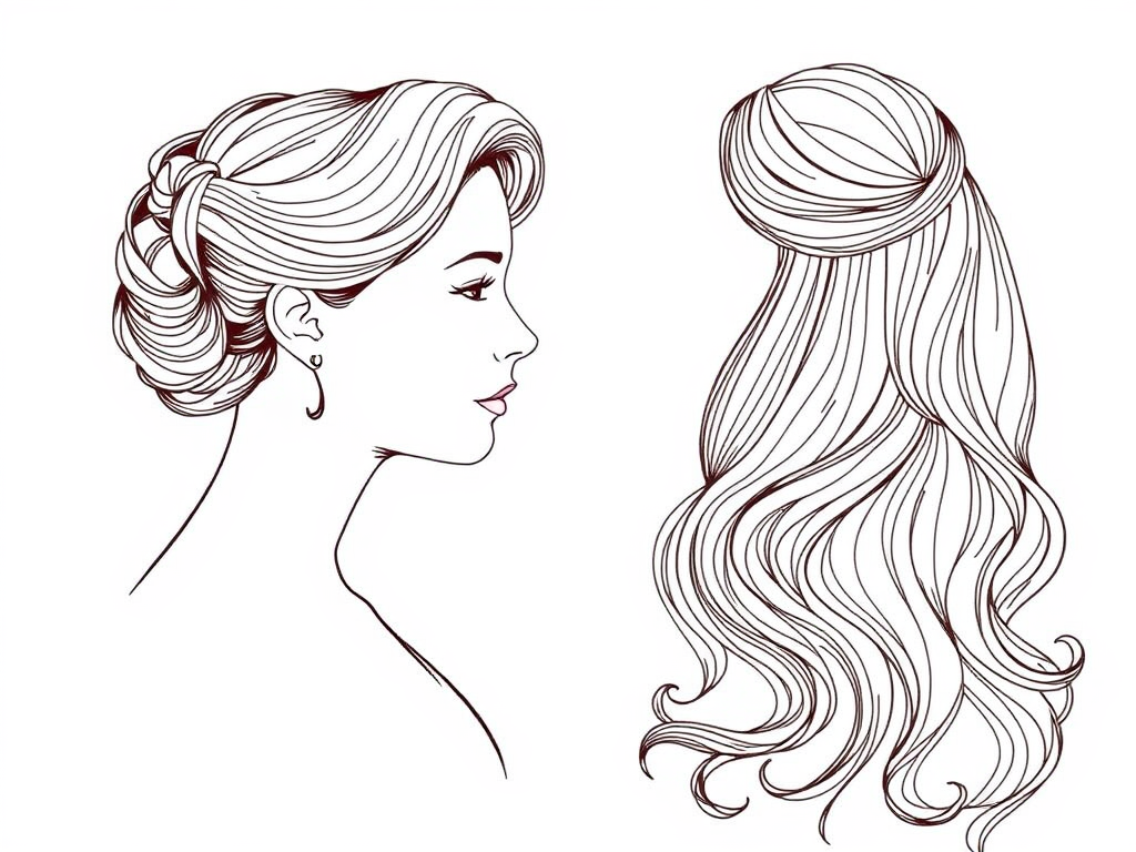Line drawings show two elegant women's hairstyles - an updo bun in profile and long wavy half-up style from behind.
