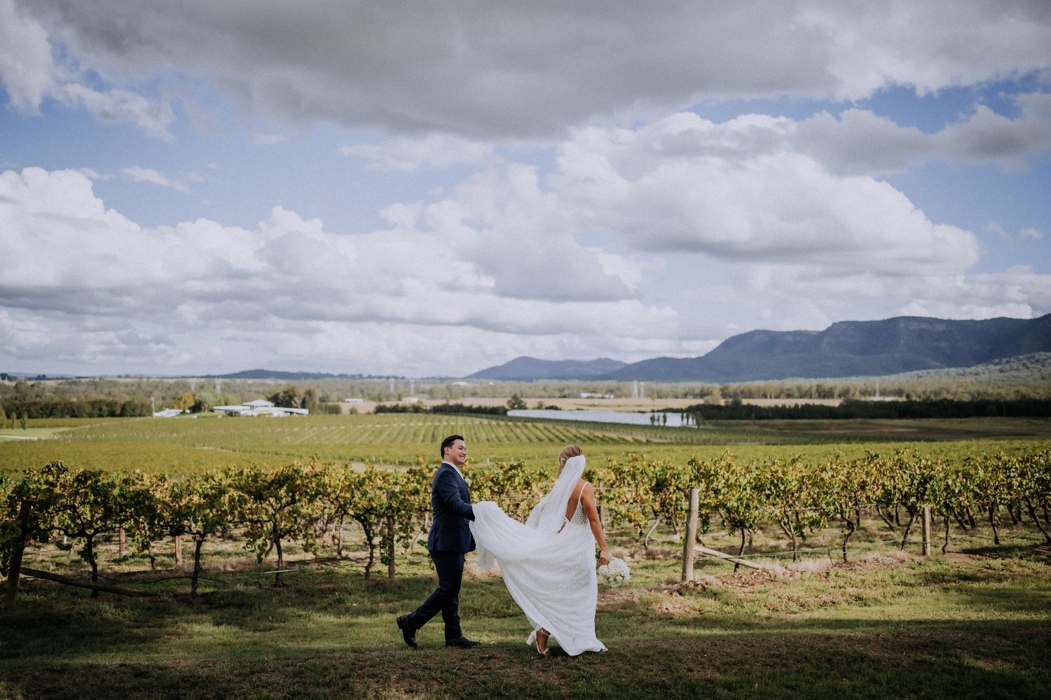 Panoramic views of a scenic vineyard wedding celebration with mountains in the background under dramatic cloudy skies.