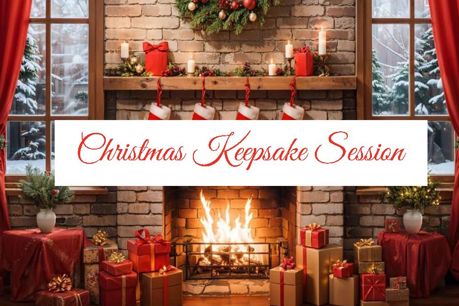 Festive holiday photo backdrop with fireplace, stockings and Christmas wreath.