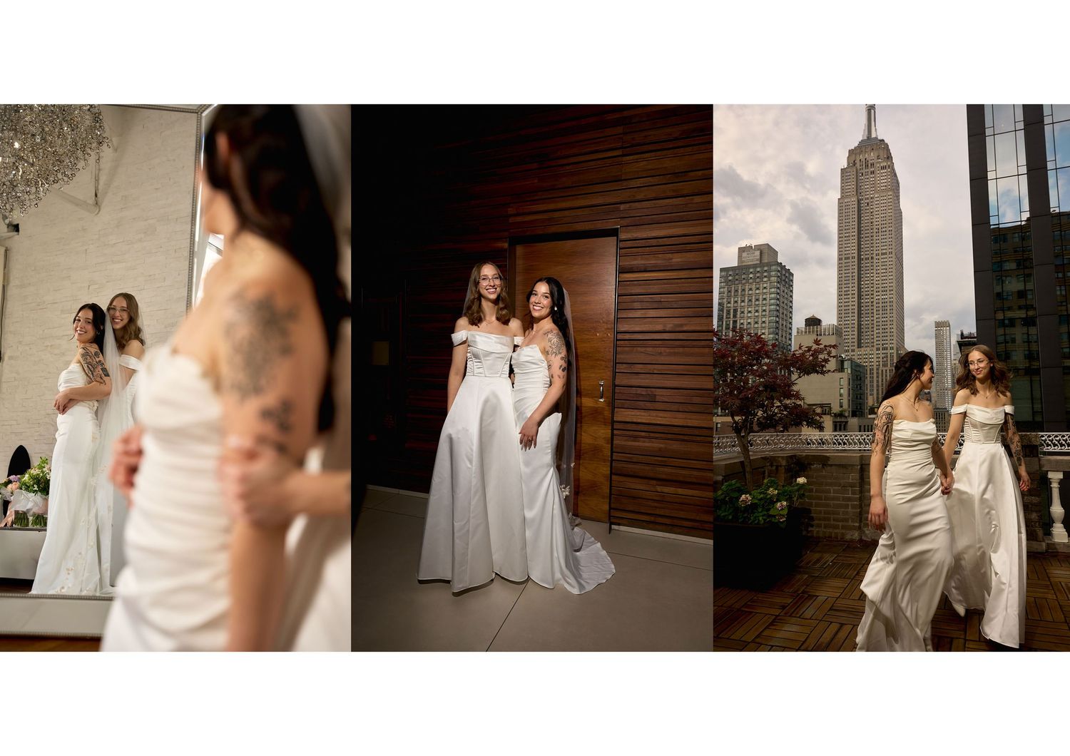 Brides in white gowns pose inside and on a NYC rooftop with Empire State Building views on wedding day.