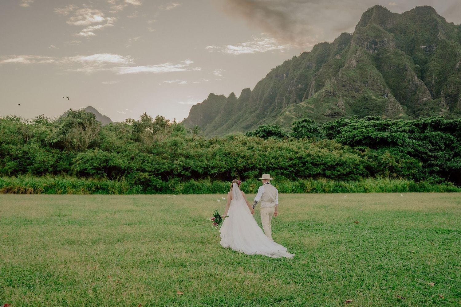 Couple embracing under a tree with lush green mountains backdrop during a Hawaii wedding photoshoot.
