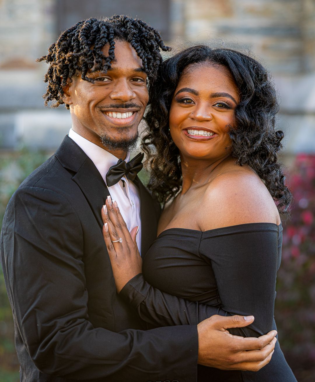 Frederick Maryland Wedding Photographer - Elegant couple in formal attire pose for romantic outdoor portrait.