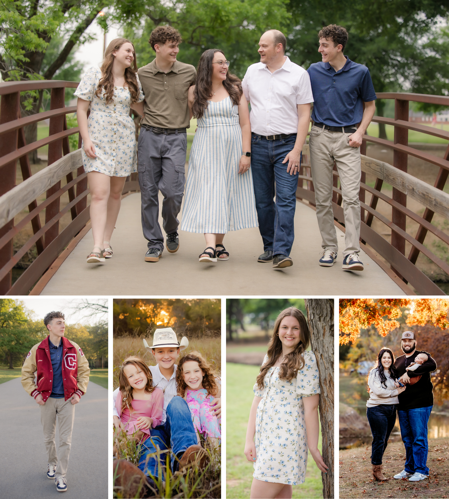 Collage of family portraits at various outdoor locations in Keller TX