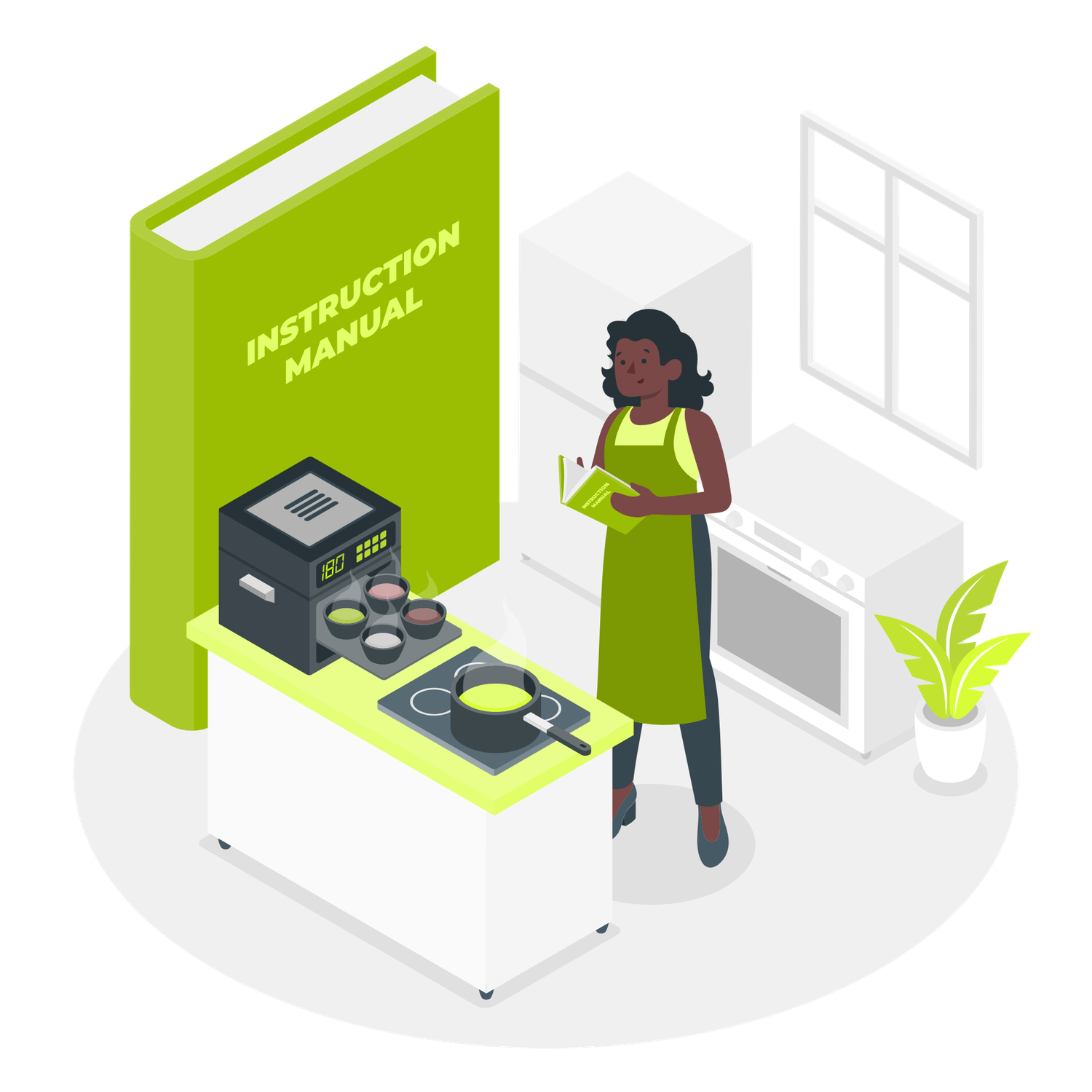 Woman in green apron reading instruction manual while cooking in modern kitchen with appliances.