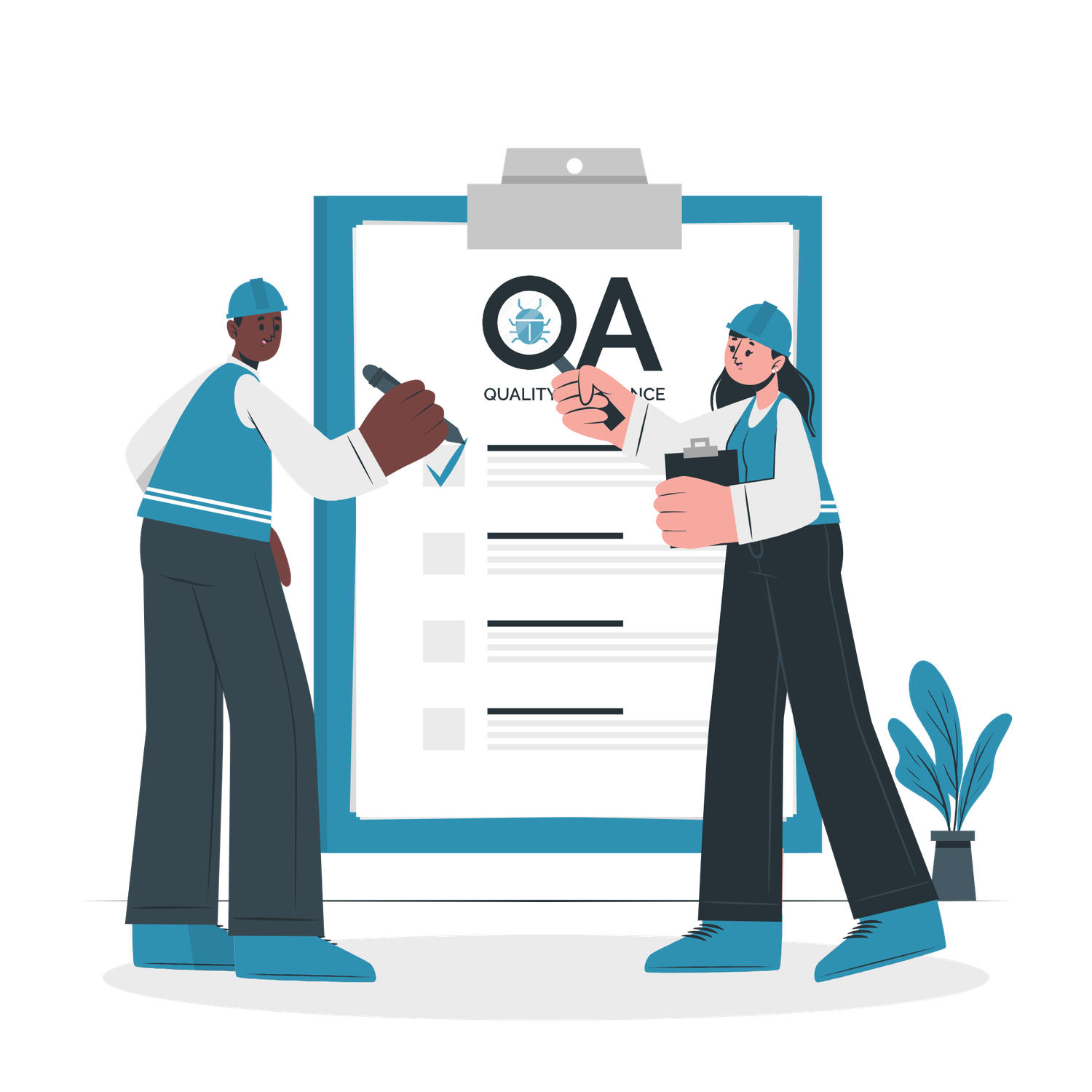 Business man standing next to a checklist clipboard with quality badge and stacked boxes illustration.