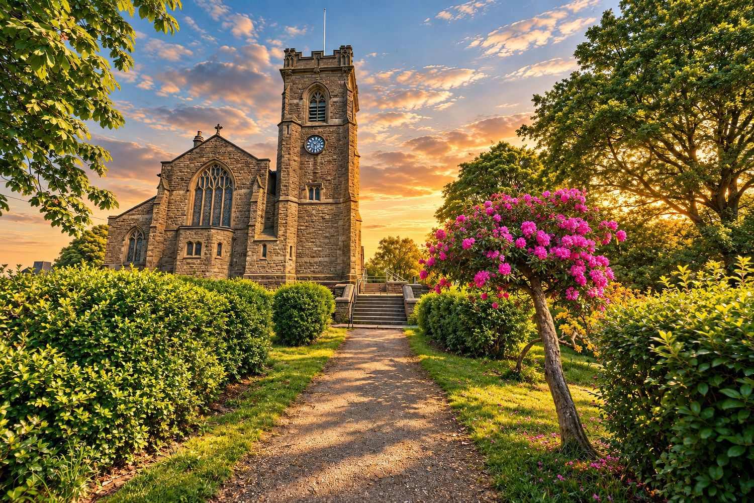 Historic stone church with clock tower at golden sunset, framed by lush green trees and vibrant pink flowering shrubs.