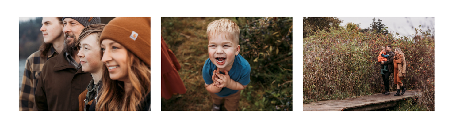 Three lifestyle photos show candid outdoor family moments in warm earthy tones.