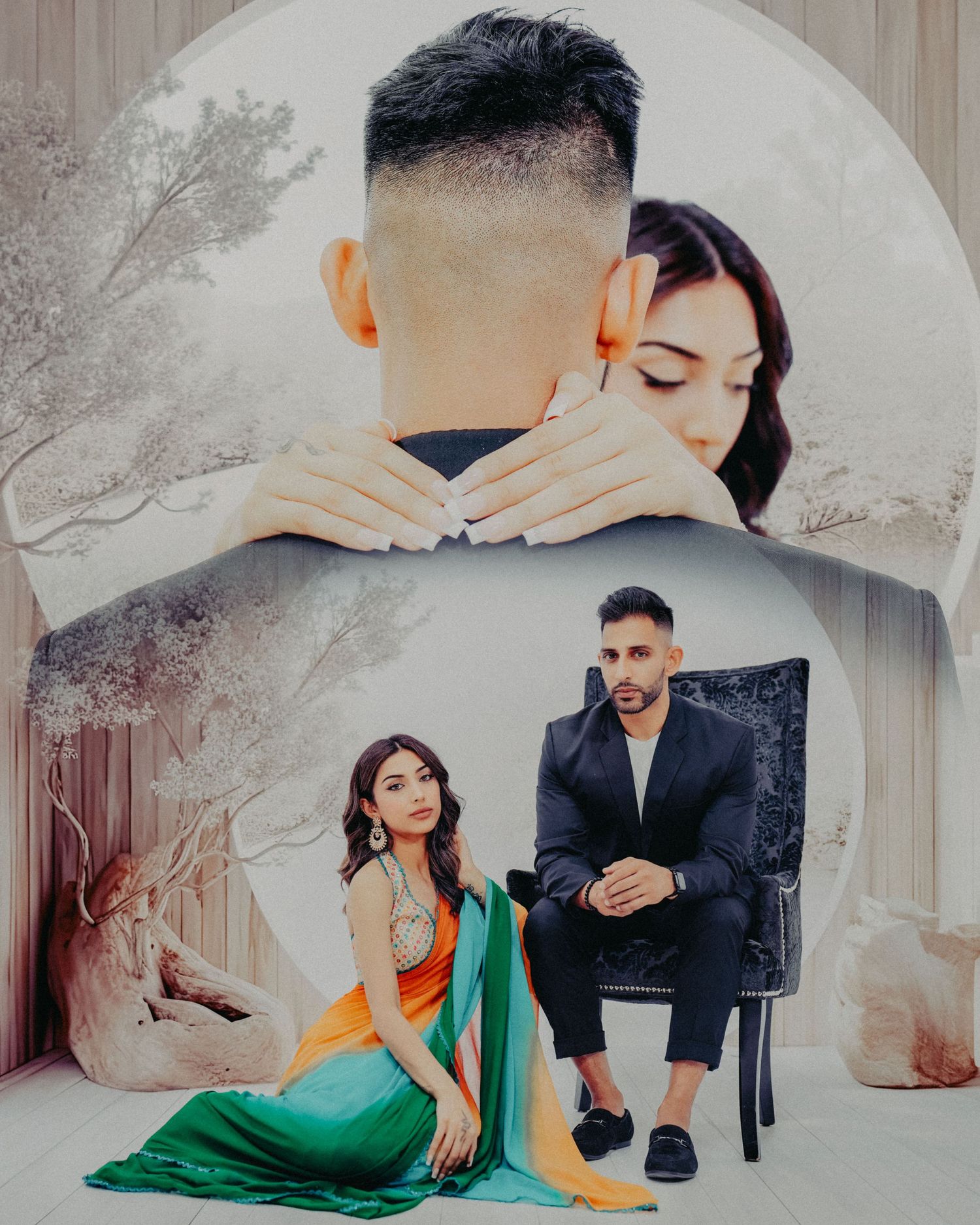 An artistic engagement photoshoot with a couple in modern formal attire against a neutral backdrop.