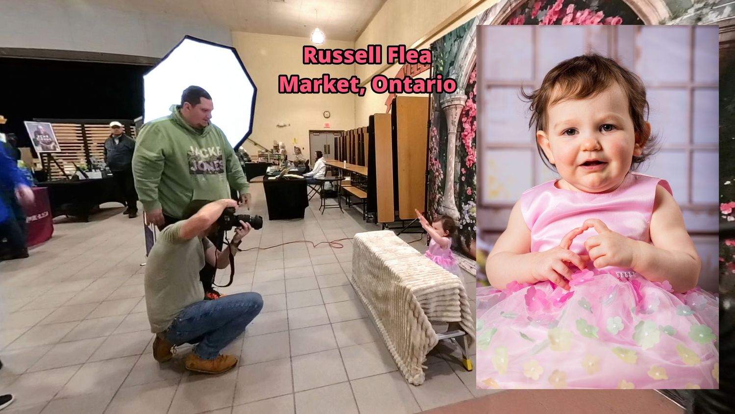 Tim Gowling kneels while taking a photo next to a display at Russell Flea Market in Russell, Ontario.