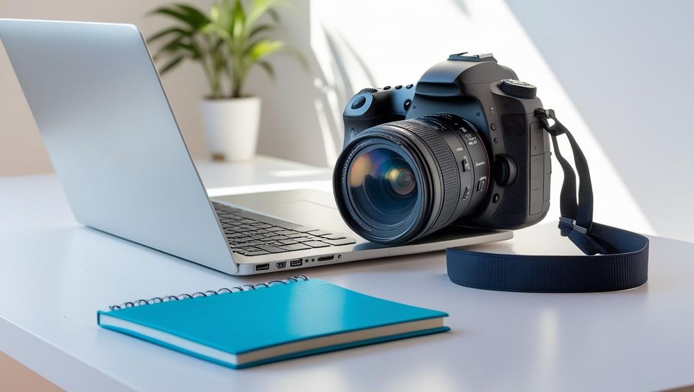 DSLR camera with lens sits beside laptop computer and blue notebook on white desk with plant in background.