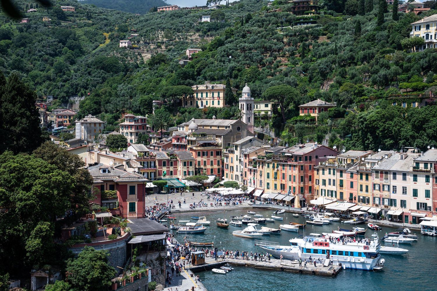 Panoramic view of Portofino harbor with colorful buildings and boats along the Italian Riviera coastline.