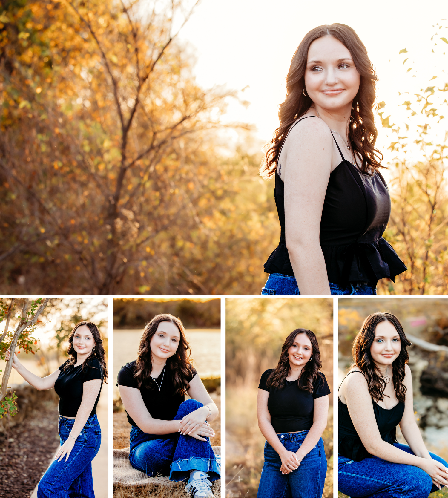 Portrait session in autumn featuring a woman in black and blue outfit against golden foliage background.