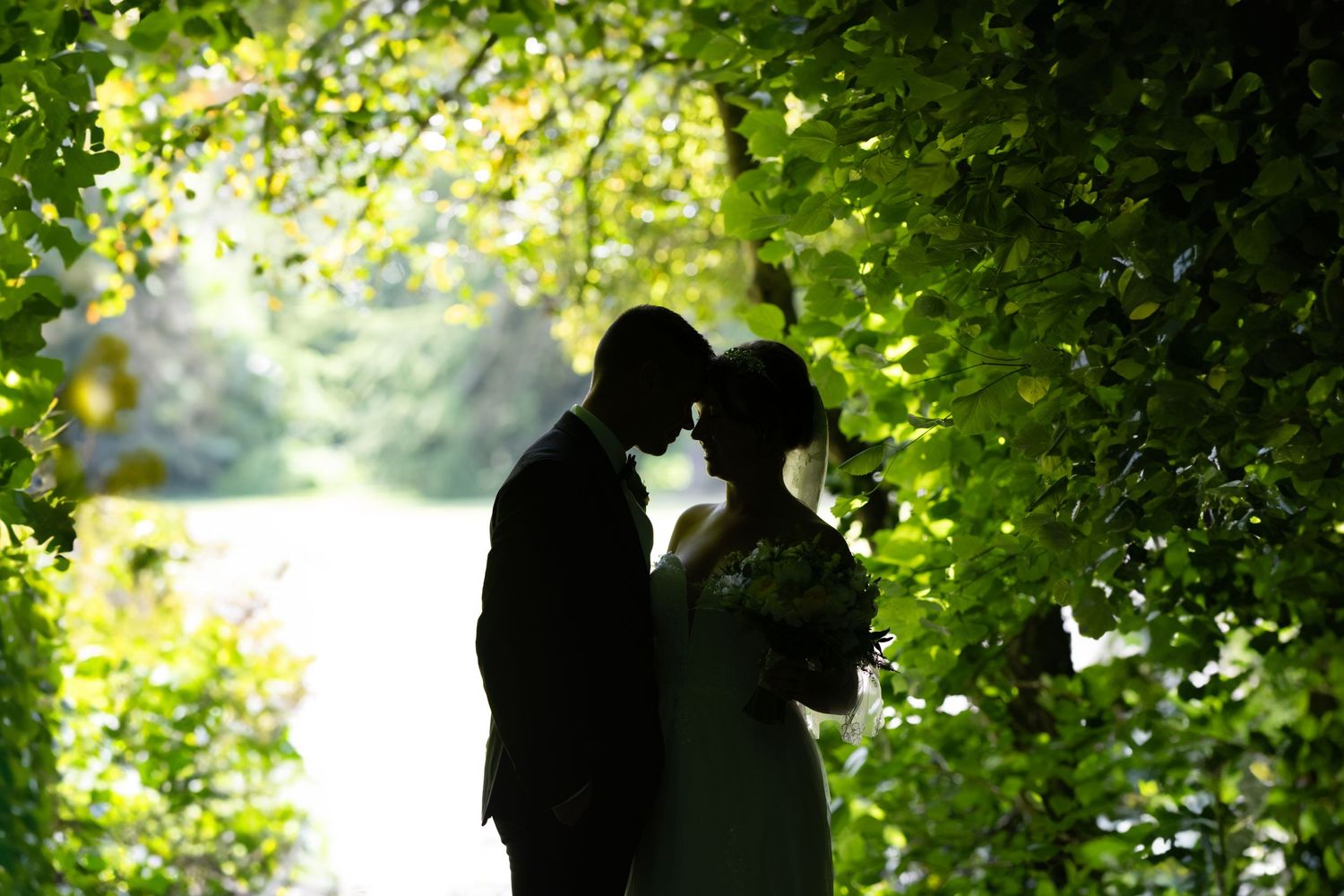 Silhouetted figures embrace beneath lush green tree canopy on a sunny summer day.