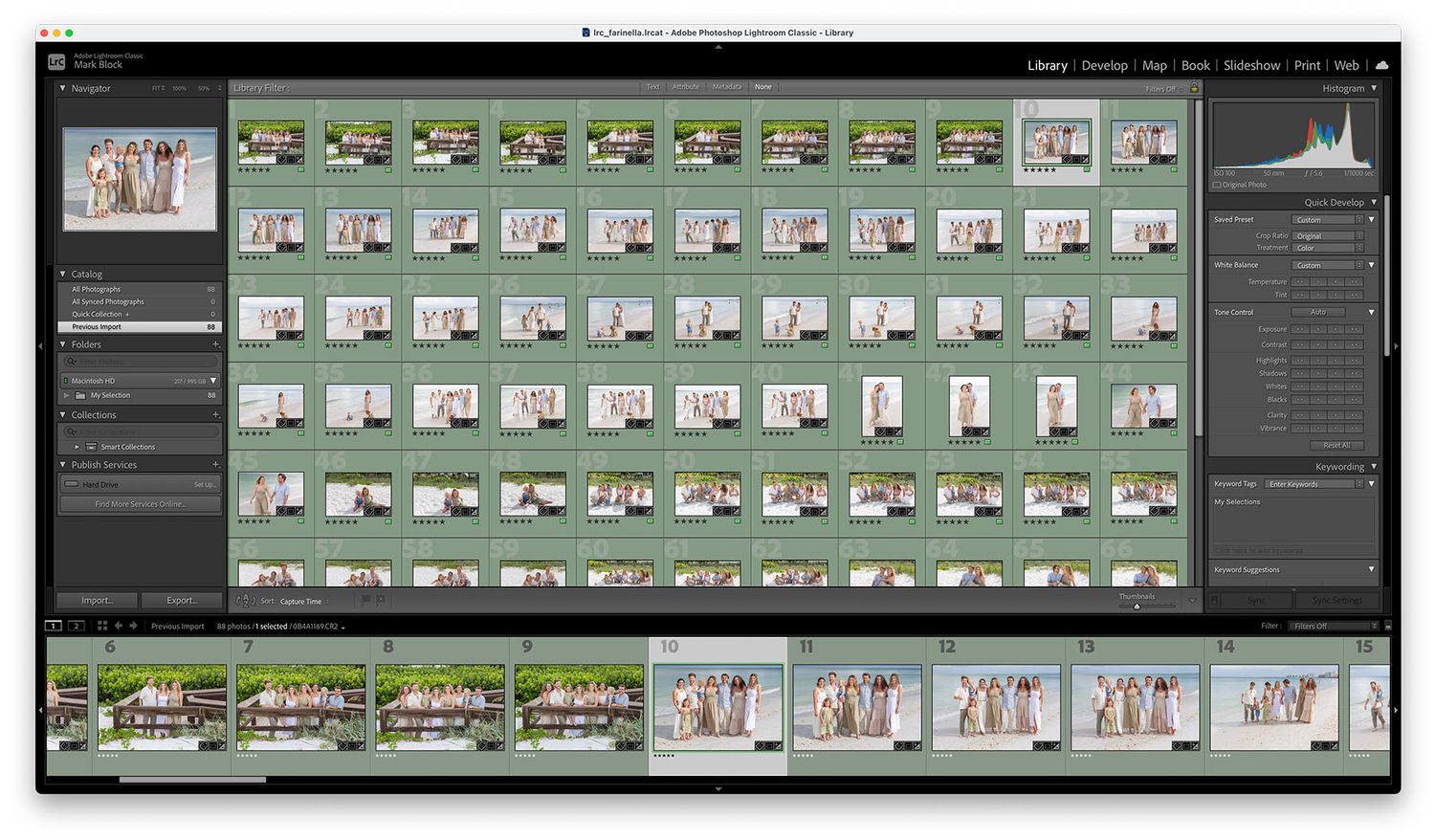 Adobe Lightroom interface showing a grid of photo thumbnails and filmstrip view of image selections at the bottom.
