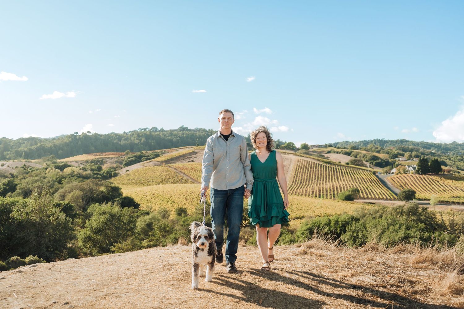 Couple walking their dogs during engagement photos at Alston Park in Napa with vineyards in the background