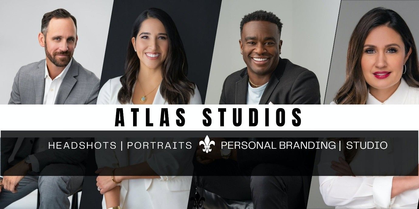 Atlas Studios professional headshots and portraits banner featuring four diverse individuals against dark backgrounds.