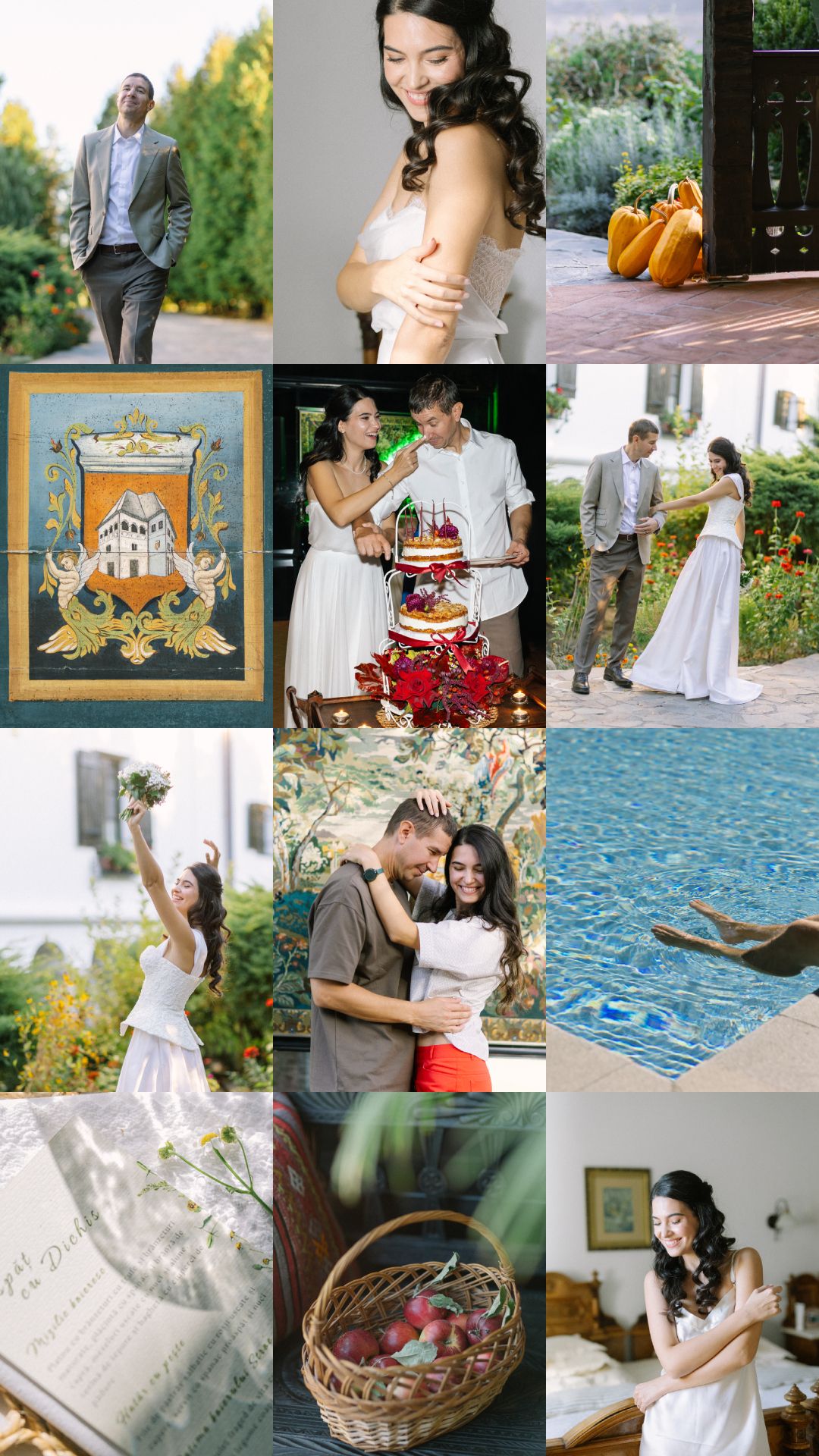 A romantic wedding collage featuring a couple cutting cake, embracing outdoors, posing in a garden, and celebrating near a pool.