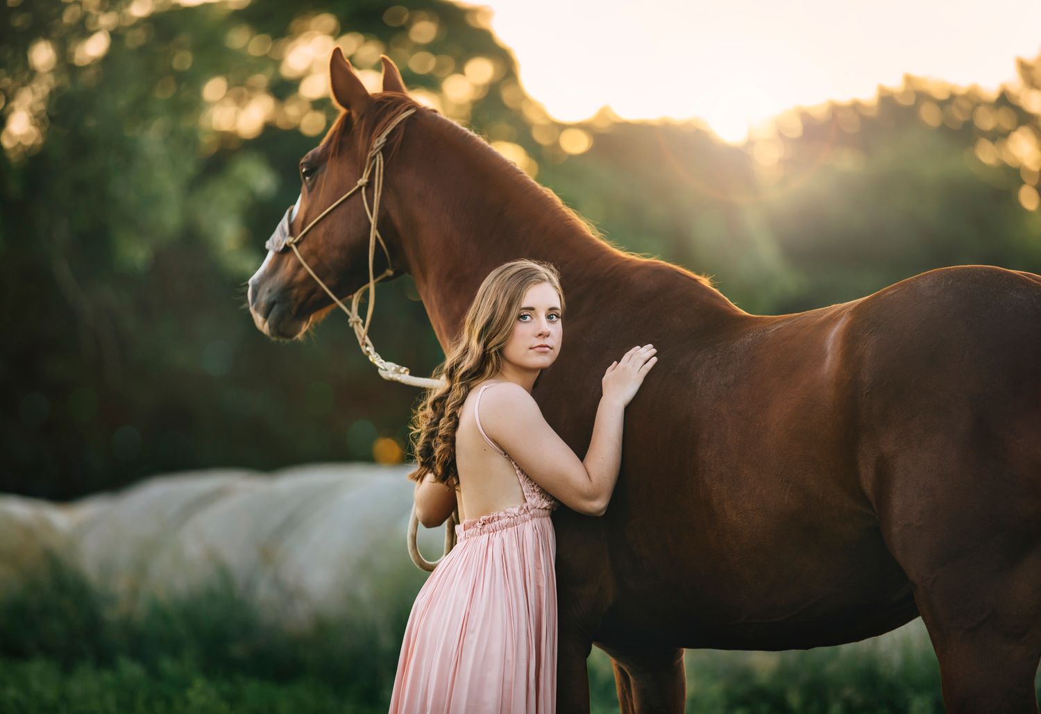 Stunning portrait of a senior girl with her horse near Dell Rapids, SD with Rowan Tree Photography, magical sunset lighting, flowing dress.