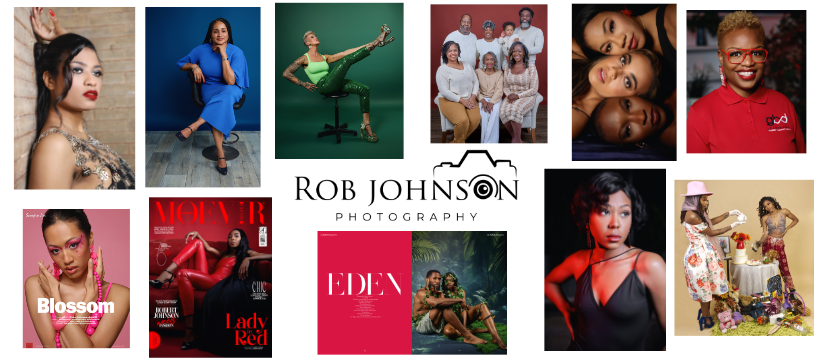A grid of artistic portrait photographs featuring various lighting styles and poses against different colored backgrounds.