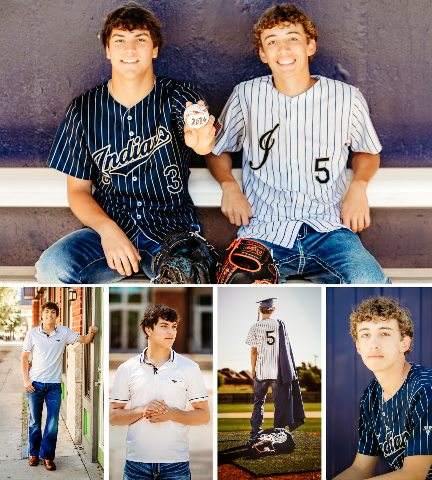 Two teen boys in Indians baseball uniforms pose together holding a baseball and glove in a collage of senior portraits in Keller, TX.