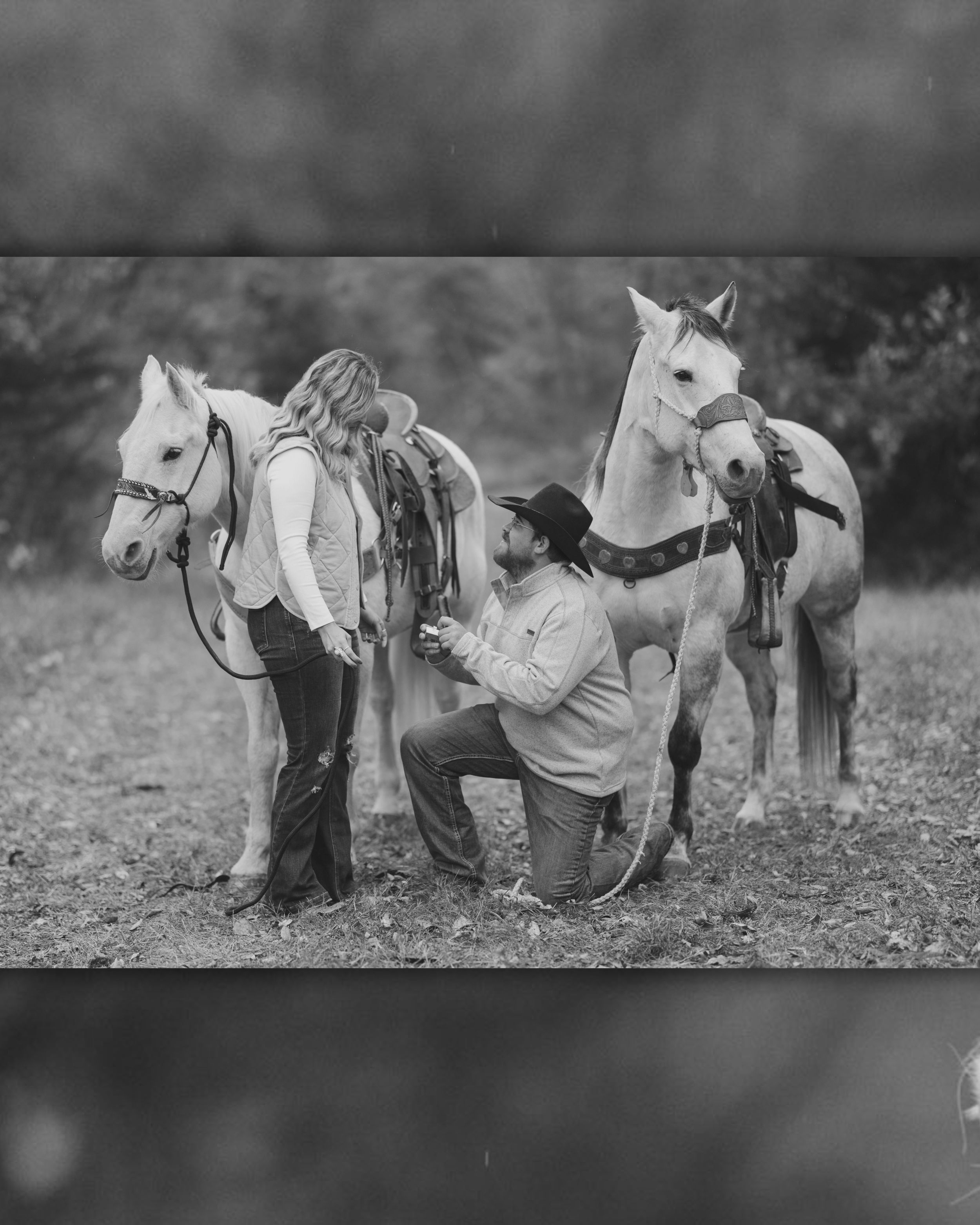 A vintage black and white photo shows cowboys tending to their horses in a field, capturing a moment of ranch life.