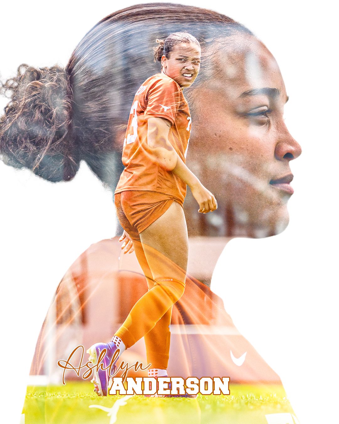 Ashlyn Anderson in orange soccer uniform, dynamic double exposure portrait of female athlete in action.