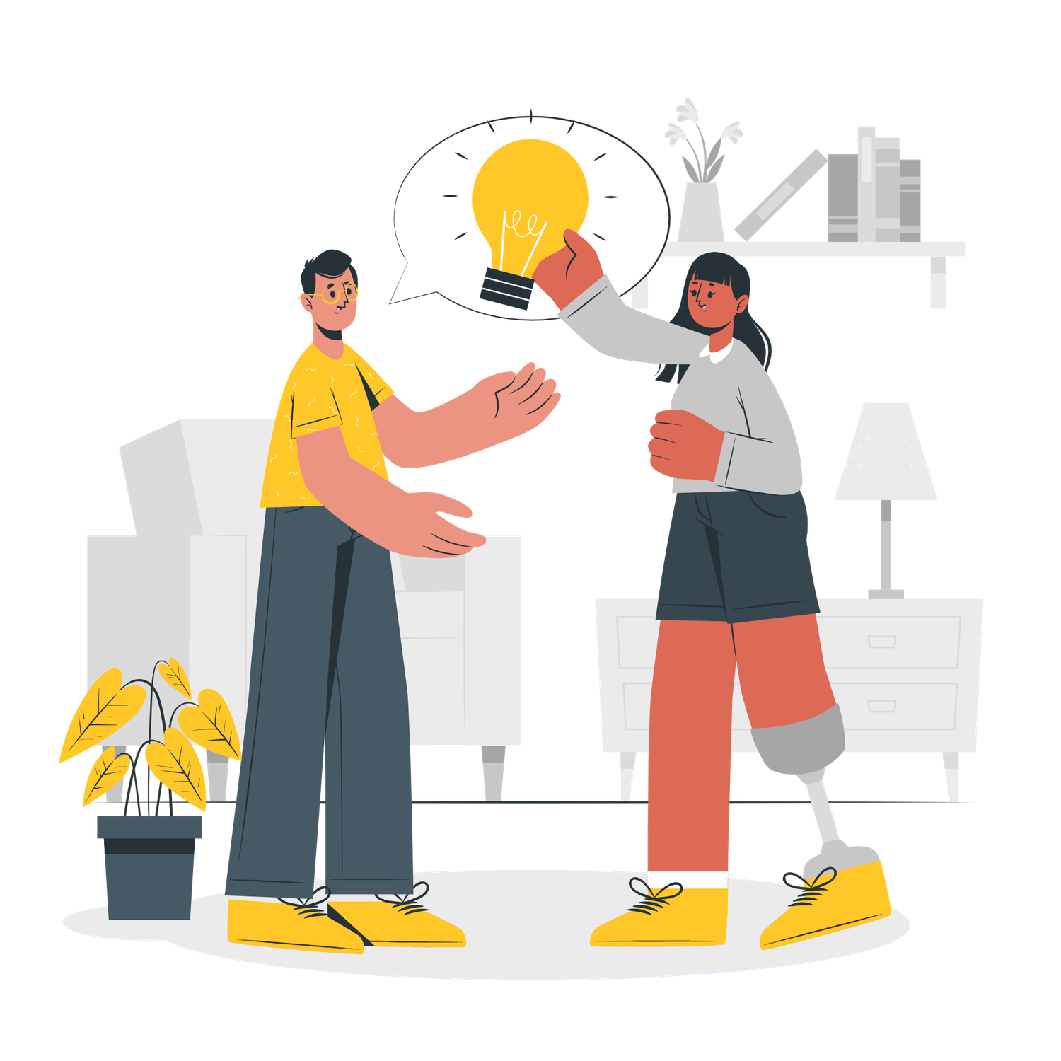 Two people sharing a bright idea, one holding a glowing light bulb in a modern living room setting.