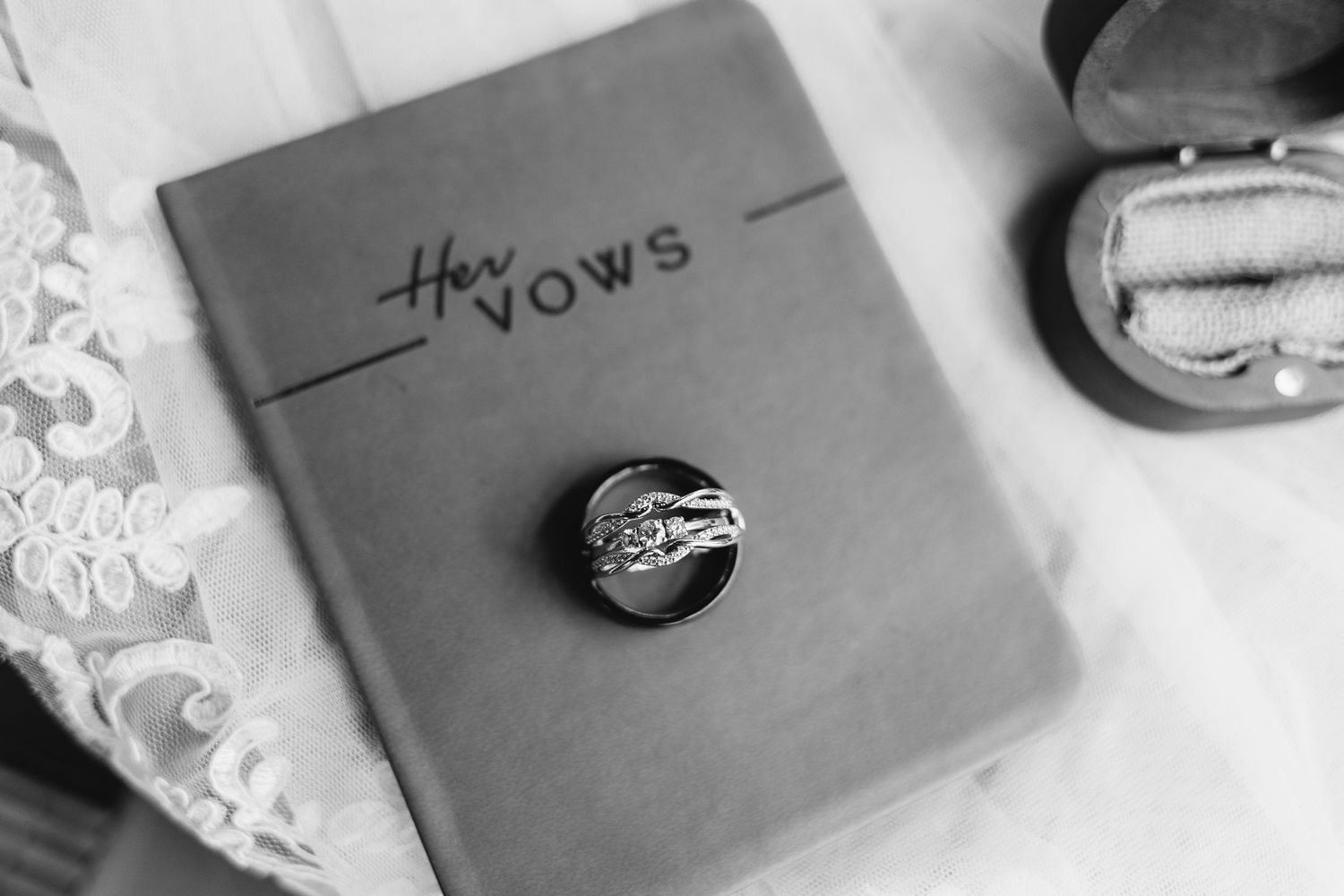 black and white wedding photo of both his and her rings on her vow book