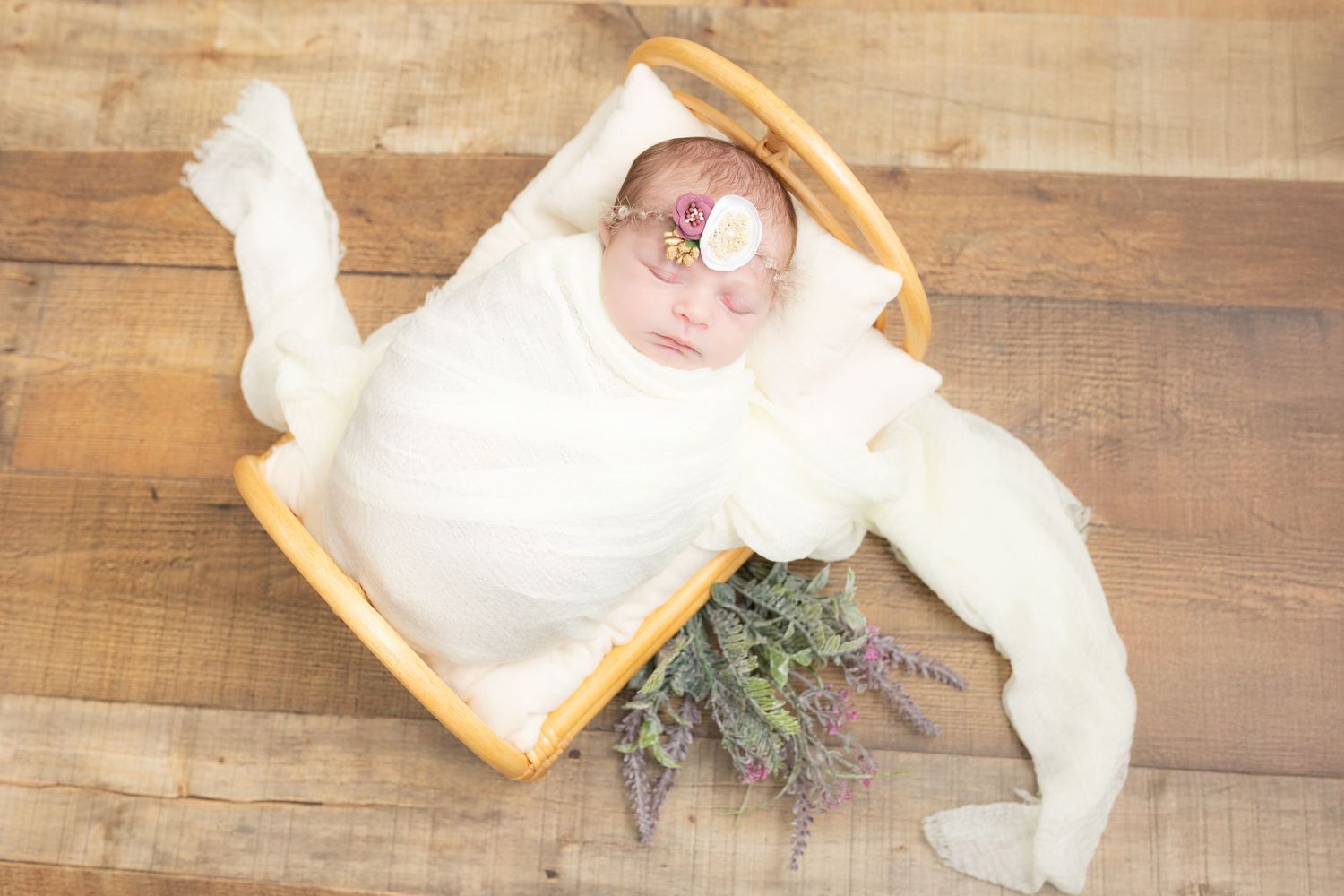 Newborn baby sleeping peacefully in neutral tones, posed on a soft blanket in a Swansboro NC photography studio