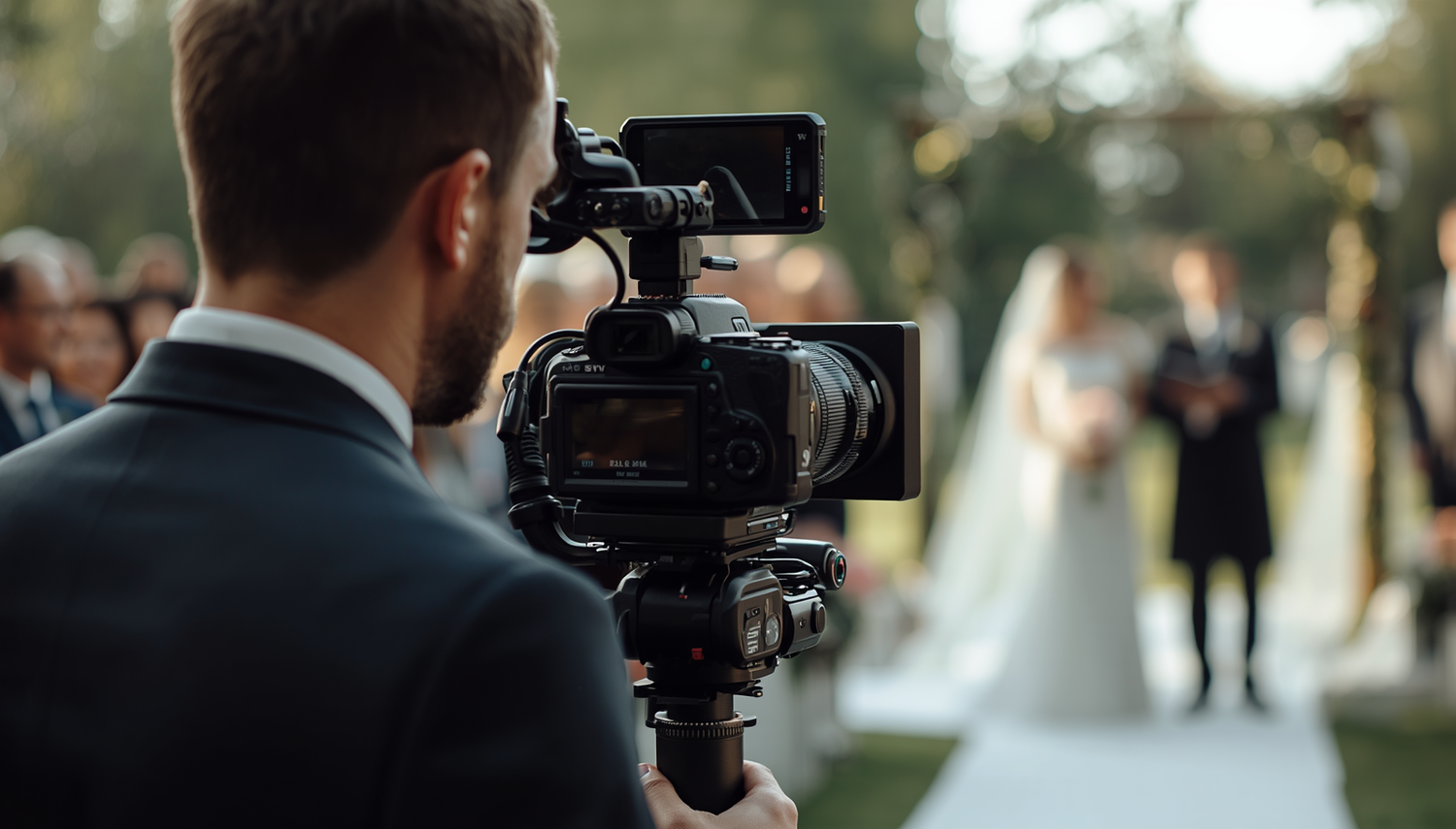 A videographer films a wedding ceremony outdoors, capturing the bride and groom at the altar with a professional camera.
