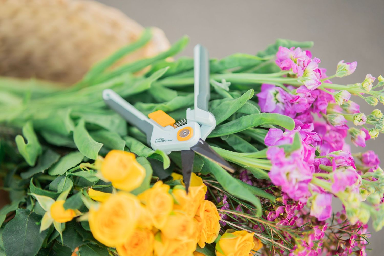 Garden scissors resting on fresh cut green stems with yellow roses and pink flowers in soft focus.