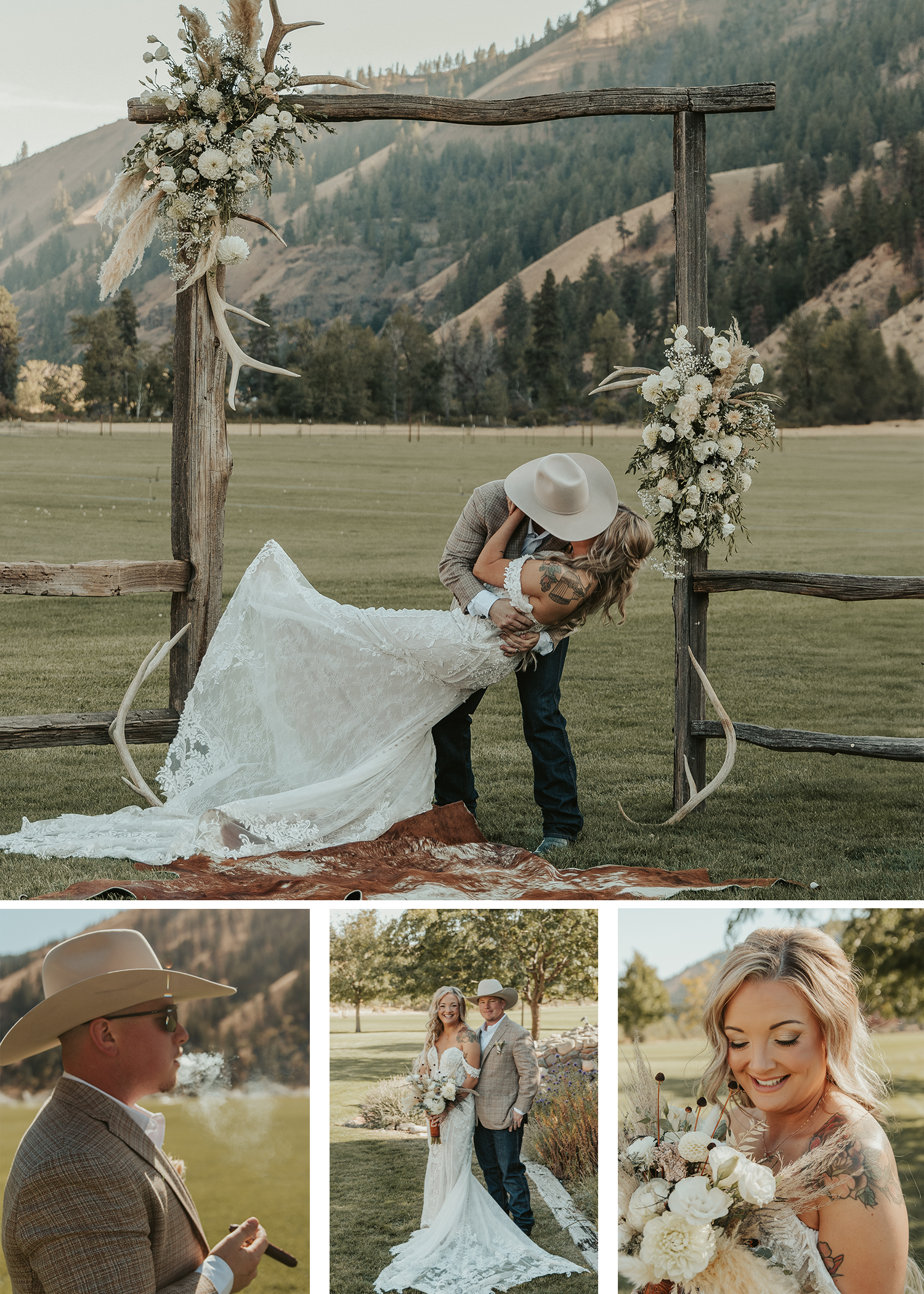 Collage country rustic bride and groom with green and neutral colors on a bright summer wedding day in yakima spokane wedding photographer