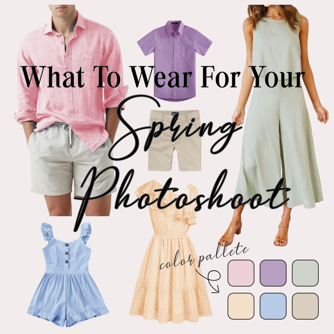 Spring photoshoot outfit inspiration mood board featuring pastel dresses, rompers and button-up shirts in pink, purple and mint tones.
