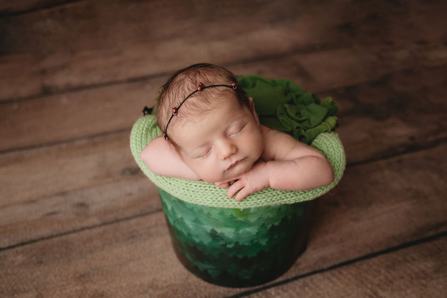 Professional photo of a newborn baby sleeping in a green basket