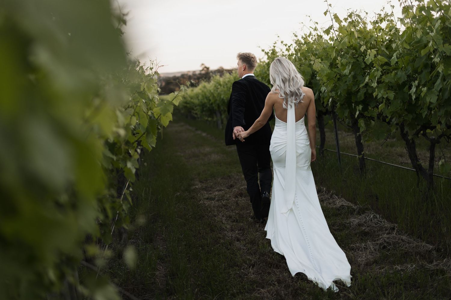 Newlywed couple walking together through scenic vineyard rows at sunset in formal wedding attire.