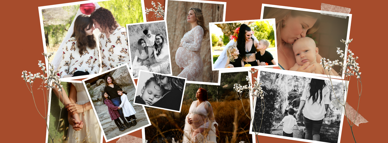 Collection of vintage family photographs arranged in a decorative border on orange background.