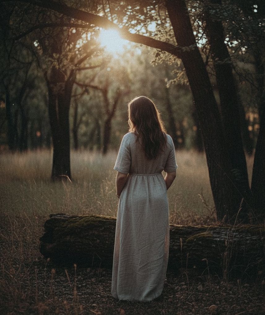 A person in a white dress stands in a sunlit forest during golden hour, creating a dreamy atmospheric scene. Maternity london photograpger
