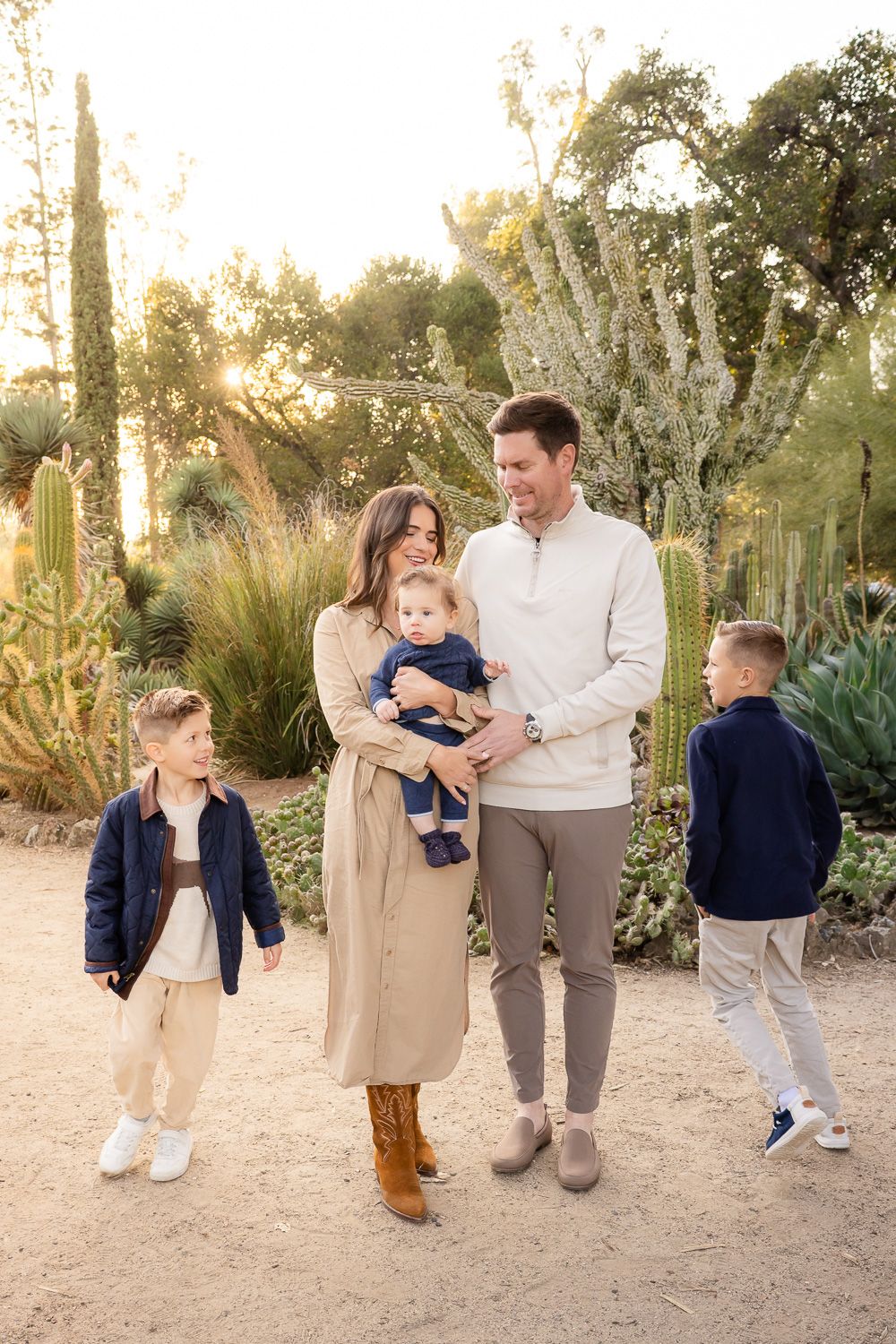 Bay Area family photoshoot with parents and three boys at golden hour at the Stanford Cactus Garden in Palo Alto