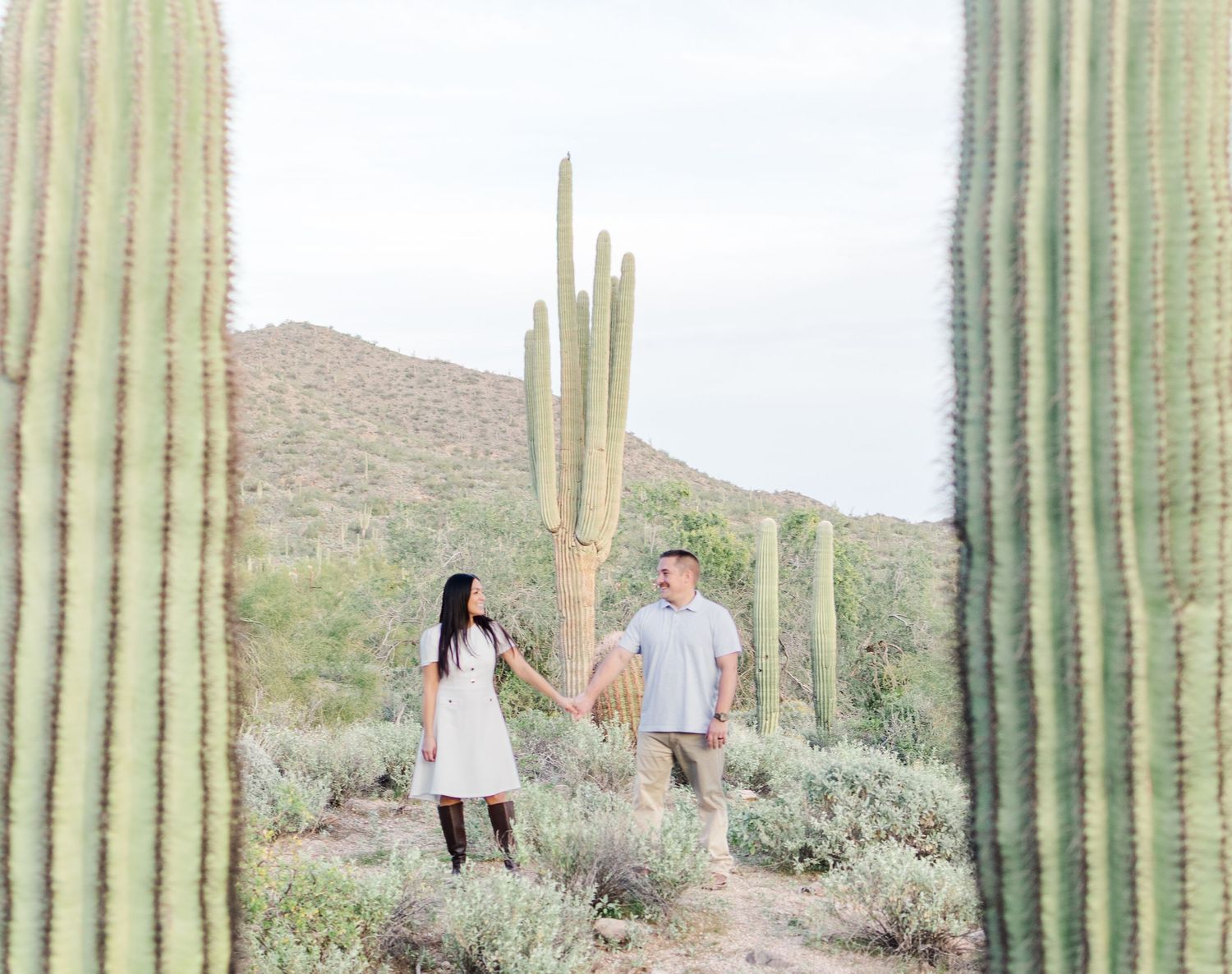 married couple holding hands looking at each other side by side in between two cactus in the desert