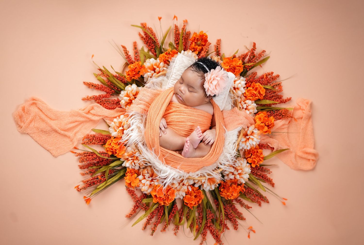 A series of connected artistic photos on red background featuring soft pink flowers and flowing fabric in a dreamy style.