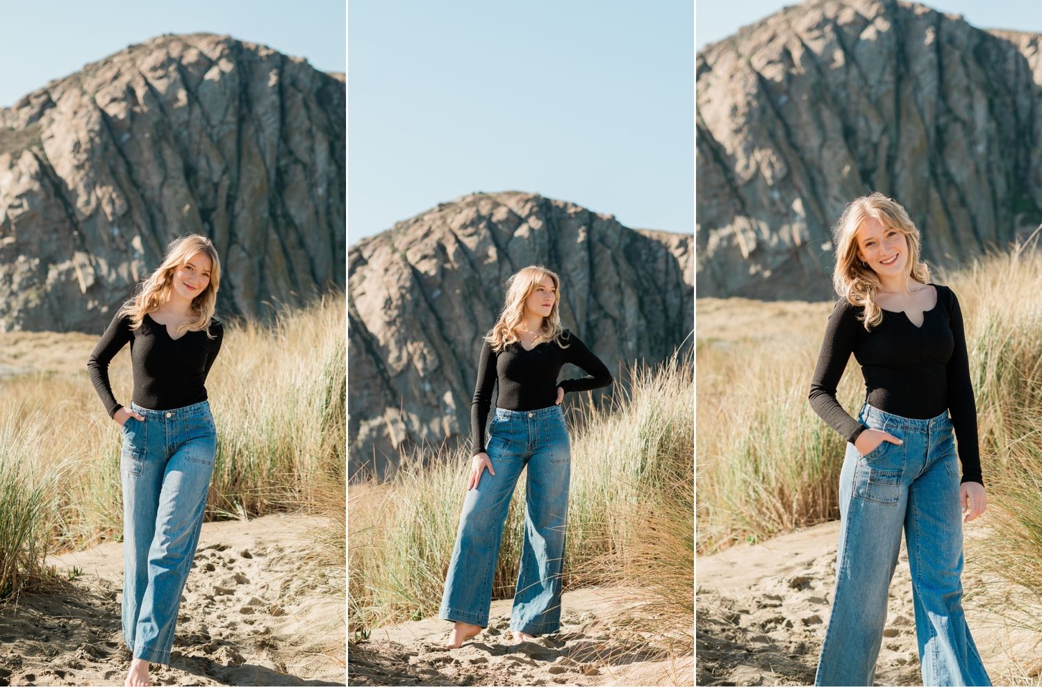 senior photos in Morro Bay with slo senior | wearing jeans and black long sleeve shirt for a casual outfit | SLO Senior photographer