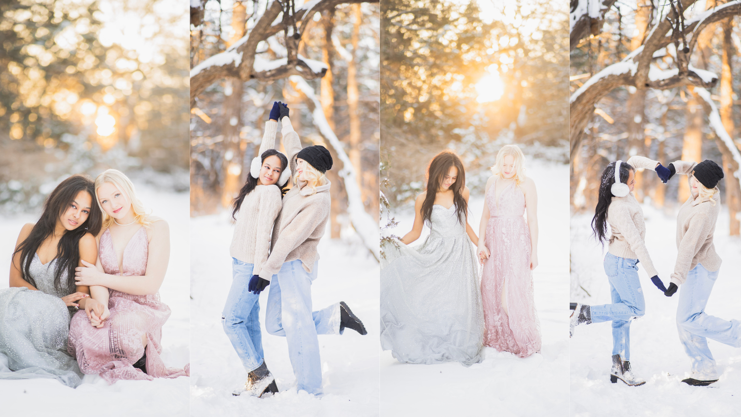 Collage of couples and friends playing in snow during golden hour in a winter forest, wearing elegant dresses and casual wear.