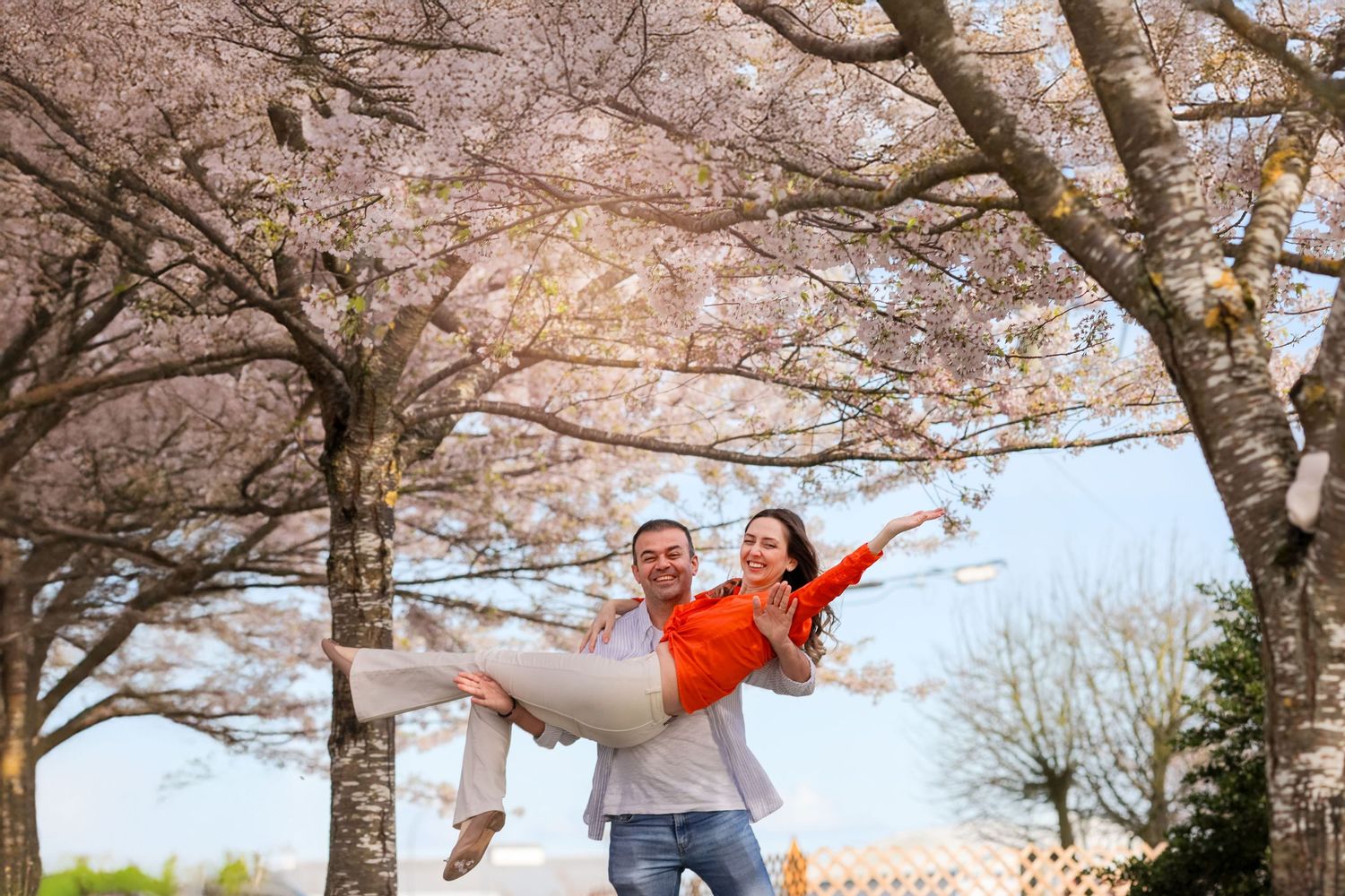 Joyful couple poses beneath blooming cherry blossom trees in a spring park during golden hour lighting.