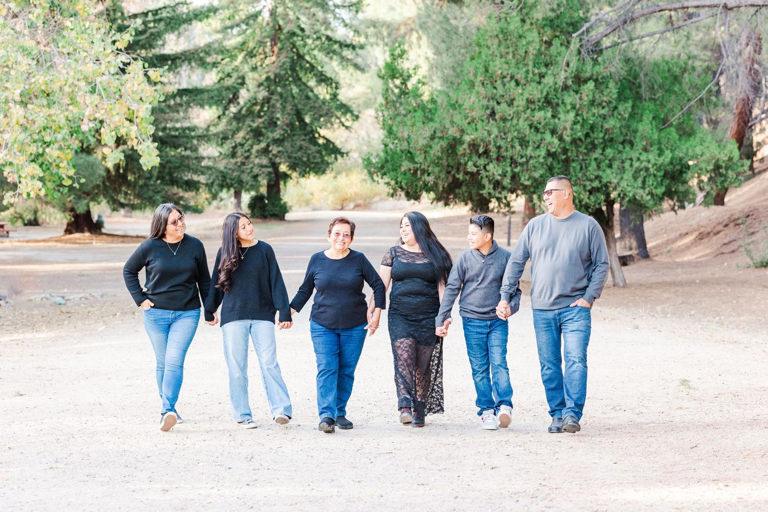 A group of six people walking together on a path surrounded by evergreen trees.