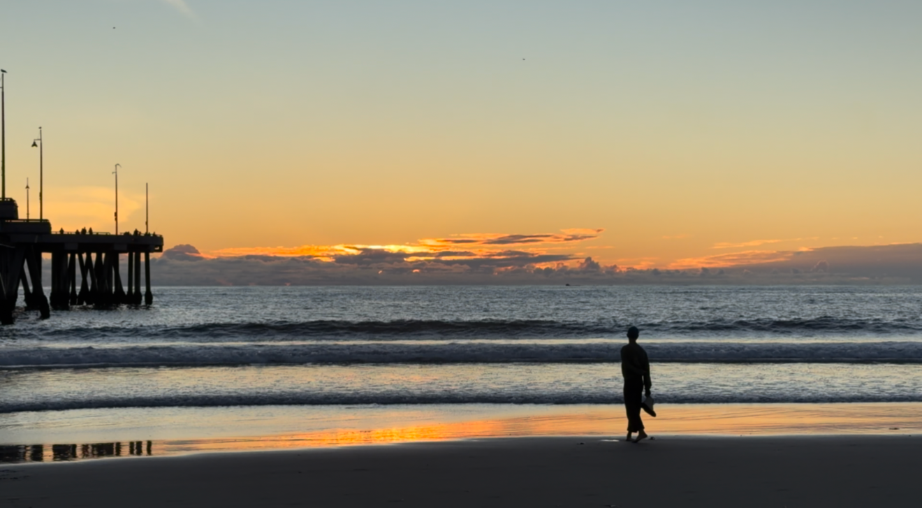 A series of connected sunset beach photos showing vibrant orange skies over the ocean with silhouettes on the shoreline.