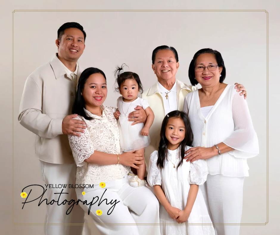 A compilation of minimalist family portraits against a light gray background featuring four connected family poses.