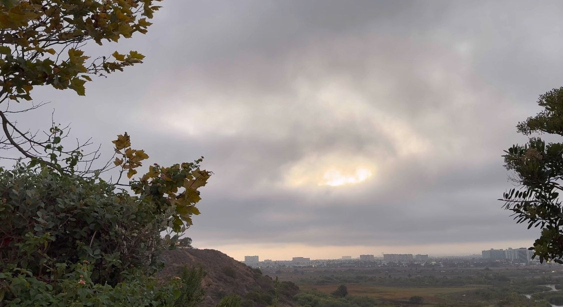 Panoramic landscape view of a forested mountain valley with dramatic cloudy skies at dusk.