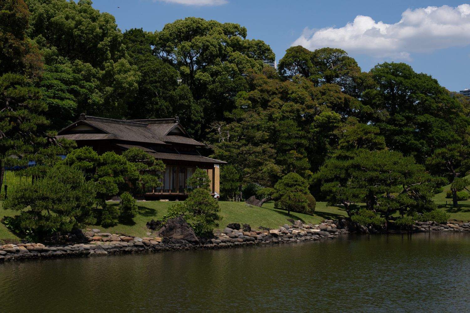 A panoramic view of a tranquil Japanese garden with a pond, traditional buildings, and lush greenery under blue skies.